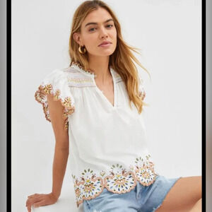 Anthropologie White and Gold Embroidered Blouse